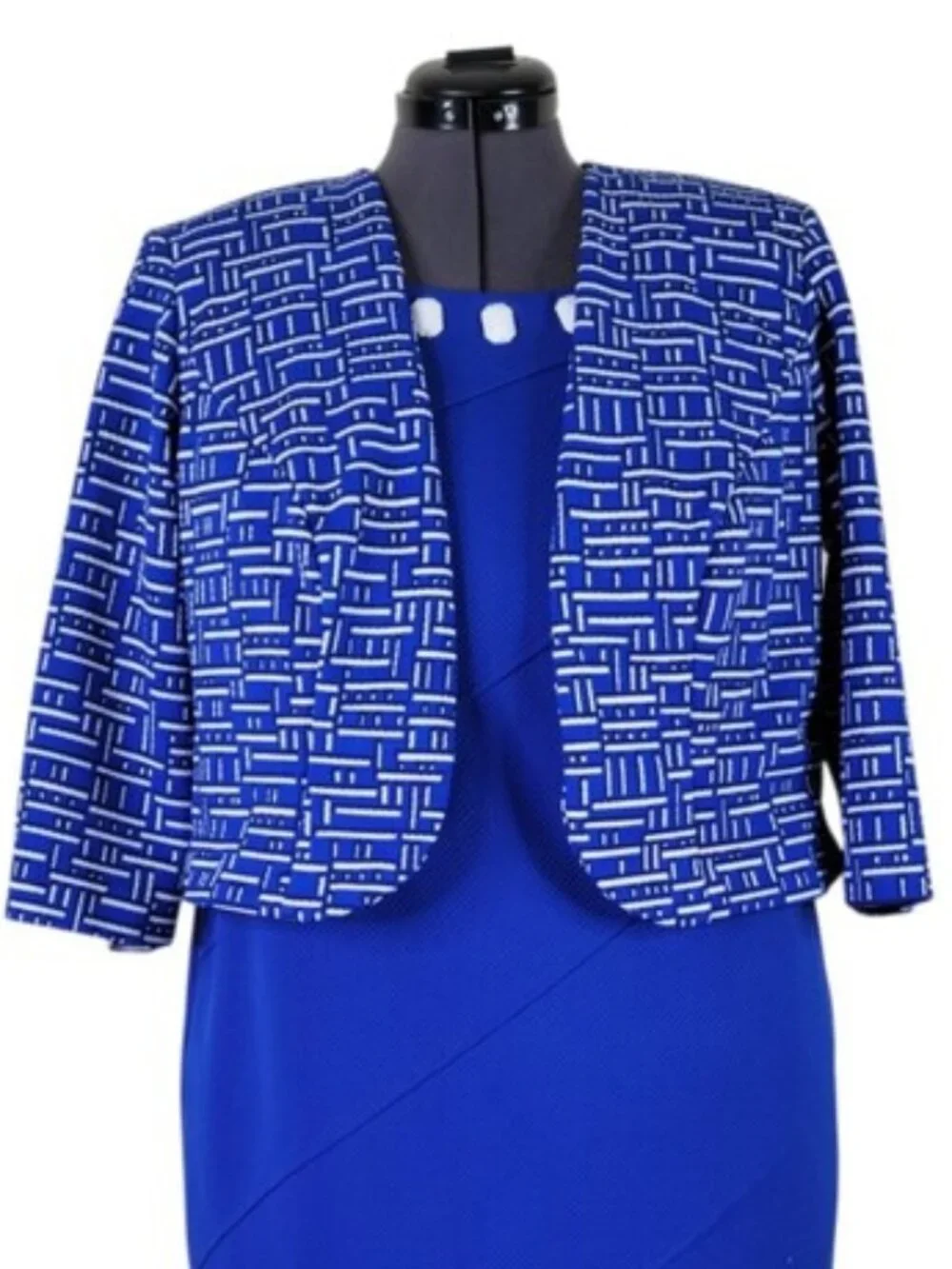 Maya Brooke Midi Dress Suit Size 16W Blue Embellished Neckline Cropped Jacket